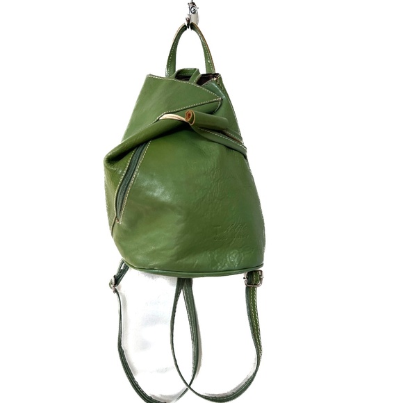 T Nobile Leather Backpack Shoulder Bag Green Split Strap Folded Front Toggle - Picture 1 of 9